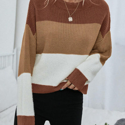 Womens Fall Color Block Sweaters Long Sleeve Crewneck Pullover Knit Jumper Tops