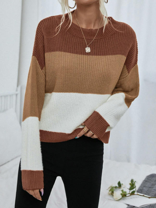 Womens Fall Color Block Sweaters Long Sleeve Crewneck Pullover Knit Jumper Tops
