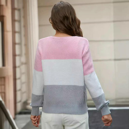 Womens Color Block Sweater V Neck Long Sleeve Fall Trendy Knit Pullover Tops