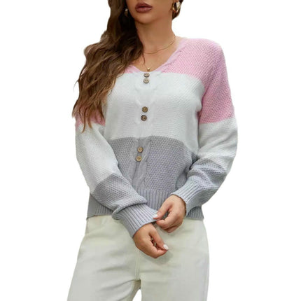 Womens Color Block Sweater V Neck Long Sleeve Fall Trendy Knit Pullover Tops