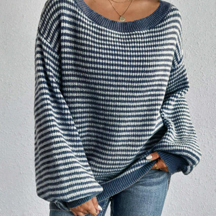 Women's Off The Shoulder Striped Sweaters Long Sleeve Knit Pullover Tops
