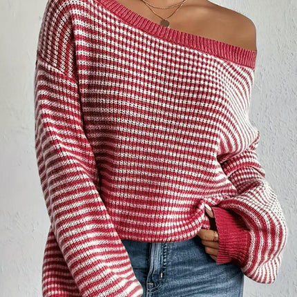 Women's Off The Shoulder Striped Sweaters Long Sleeve Knit Pullover Tops