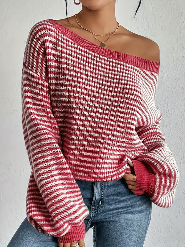 Women's Off The Shoulder Striped Sweaters Long Sleeve Knit Pullover Tops