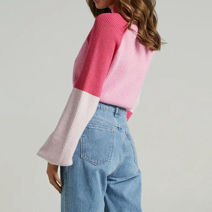 Women's Fall Color Block Pullover Sweaters Casual Mock Neck Long Sleeve Knit Top