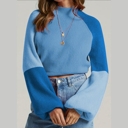 Women's Fall Color Block Pullover Sweaters Casual Mock Neck Long Sleeve Knit Top