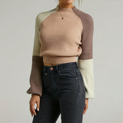 Women's Fall Color Block Pullover Sweaters Casual Mock Neck Long Sleeve Knit Top