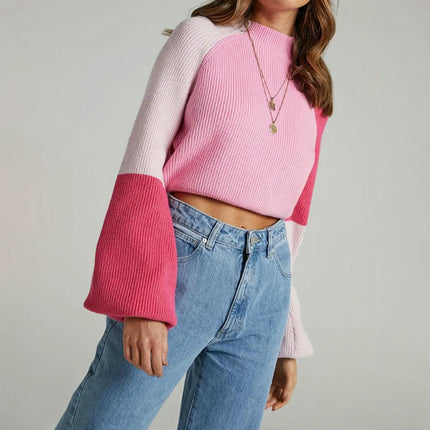 Women's Fall Color Block Pullover Sweaters Casual Mock Neck Long Sleeve Knit Top