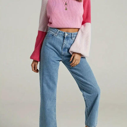 Women's Fall Color Block Pullover Sweaters Casual Mock Neck Long Sleeve Knit Top