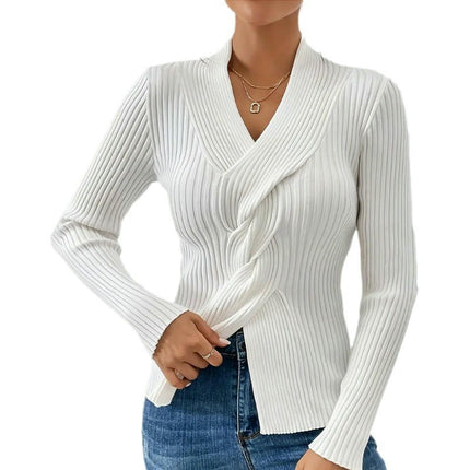 Womens Casual V Neck Long Sleeve Pullover Sweaters Twsit Front Knit Jumper Tops
