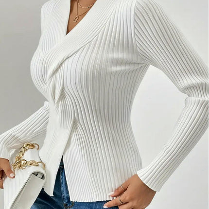 Womens Casual V Neck Long Sleeve Pullover Sweaters Twsit Front Knit Jumper Tops