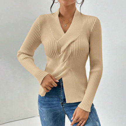 Womens Casual V Neck Long Sleeve Pullover Sweaters Twsit Front Knit Jumper Tops