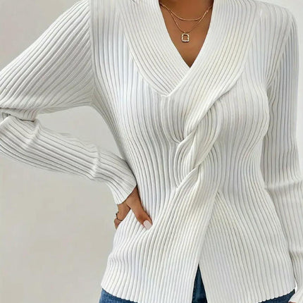 Womens Casual V Neck Long Sleeve Pullover Sweaters Twsit Front Knit Jumper Tops