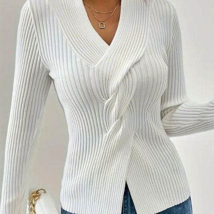 Womens Casual V Neck Long Sleeve Pullover Sweaters Twsit Front Knit Jumper Tops
