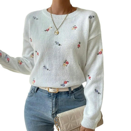 Women's Long Sleeve Sweaters Casual Crewneck Knit Flower Pullover Tops