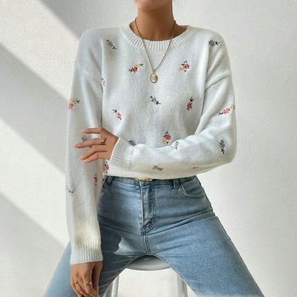 Women's Long Sleeve Sweaters Casual Crewneck Knit Flower Pullover Tops