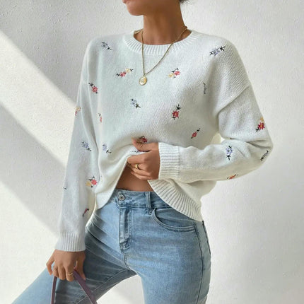 Women's Long Sleeve Sweaters Casual Crewneck Knit Flower Pullover Tops