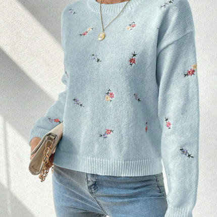 Women's Long Sleeve Sweaters Casual Crewneck Knit Flower Pullover Tops