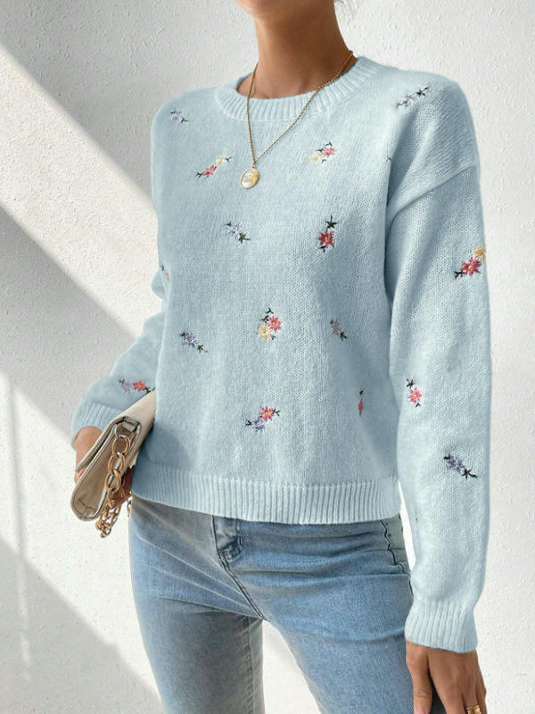 Women's Long Sleeve Sweaters Casual Crewneck Knit Flower Pullover Tops