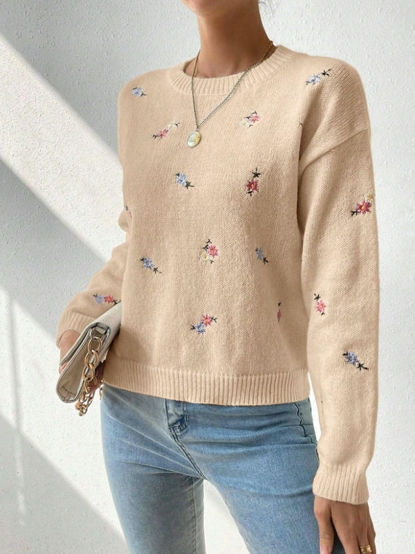 Women's Long Sleeve Sweaters Casual Crewneck Knit Flower Pullover Tops