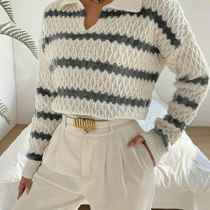 Sweaters for Women Long Sleeve Polo V Neck Striped Knit Fall Pullover Tops