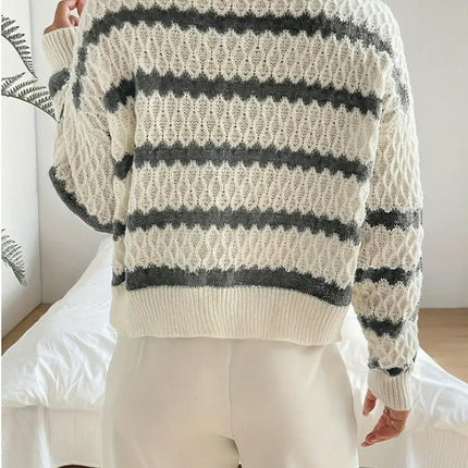 Sweaters for Women Long Sleeve Polo V Neck Striped Knit Fall Pullover Tops