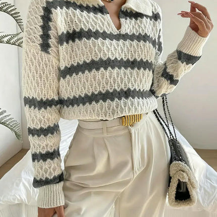 Sweaters for Women Long Sleeve Polo V Neck Striped Knit Fall Pullover Tops