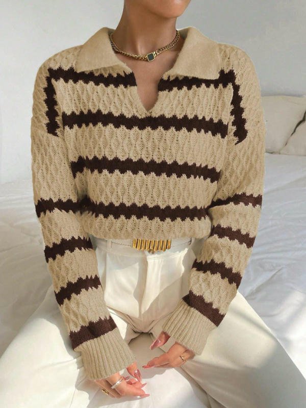 Sweaters for Women Long Sleeve Polo V Neck Striped Knit Fall Pullover Tops