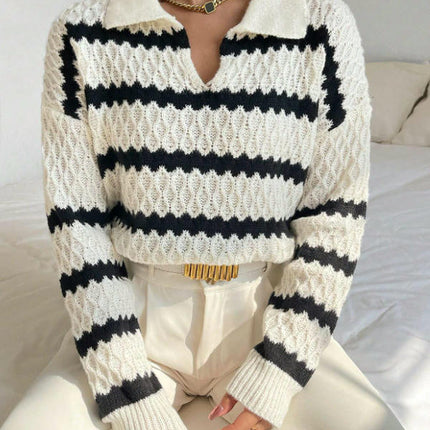 Sweaters for Women Long Sleeve Polo V Neck Striped Knit Fall Pullover Tops