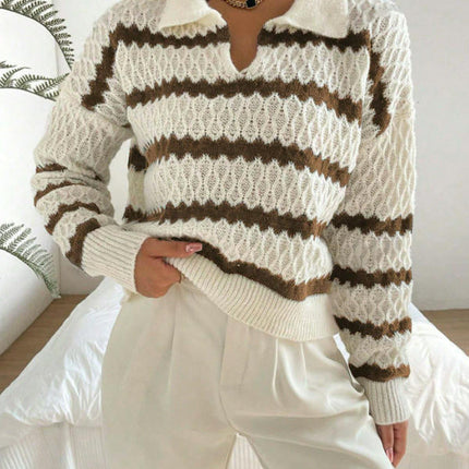 Sweaters for Women Long Sleeve Polo V Neck Striped Knit Fall Pullover Tops