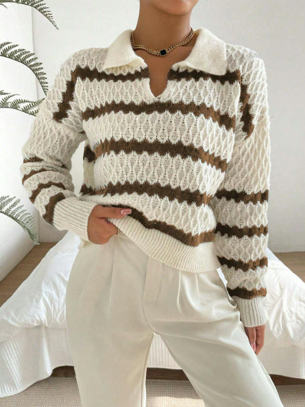 Sweaters for Women Long Sleeve Polo V Neck Striped Knit Fall Pullover Tops