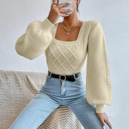 Women's Cable Knit Lantern Long Sleeve Top Casual Square Neck Pullover Sweater