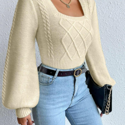 Women's Cable Knit Lantern Long Sleeve Top Casual Square Neck Pullover Sweater