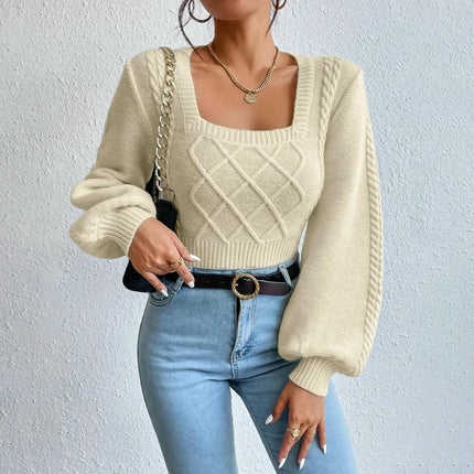 Women's Cable Knit Lantern Long Sleeve Top Casual Square Neck Pullover Sweater