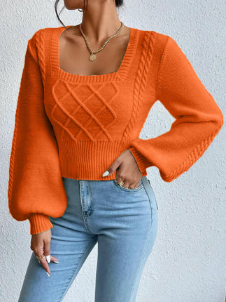 Women's Cable Knit Lantern Long Sleeve Top Casual Square Neck Pullover Sweater