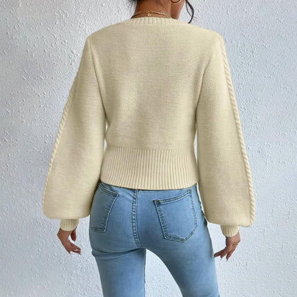 Women's Cable Knit Lantern Long Sleeve Top Casual Square Neck Pullover Sweater