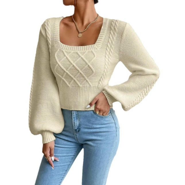 Women's Cable Knit Lantern Long Sleeve Top Casual Square Neck Pullover Sweater