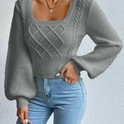 Women's Cable Knit Lantern Long Sleeve Top Casual Square Neck Pullover Sweater