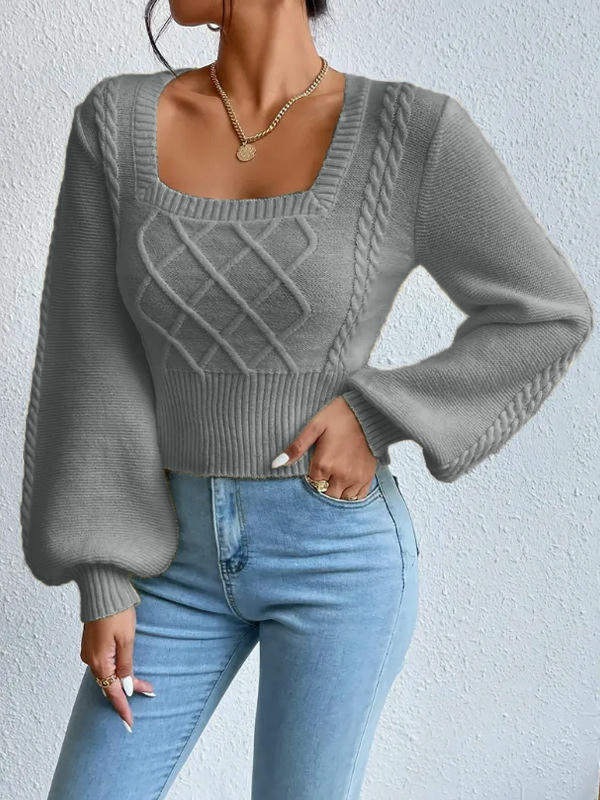 Women's Cable Knit Lantern Long Sleeve Top Casual Square Neck Pullover Sweater