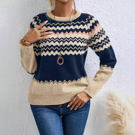 Women's Fair Isle Knit Sweaters Spring Fall Crew Neck Long Sleeve Casual Pullover Tops