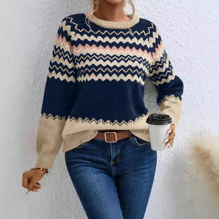 Women's Fair Isle Knit Sweaters Spring Fall Crew Neck Long Sleeve Casual Pullover Tops