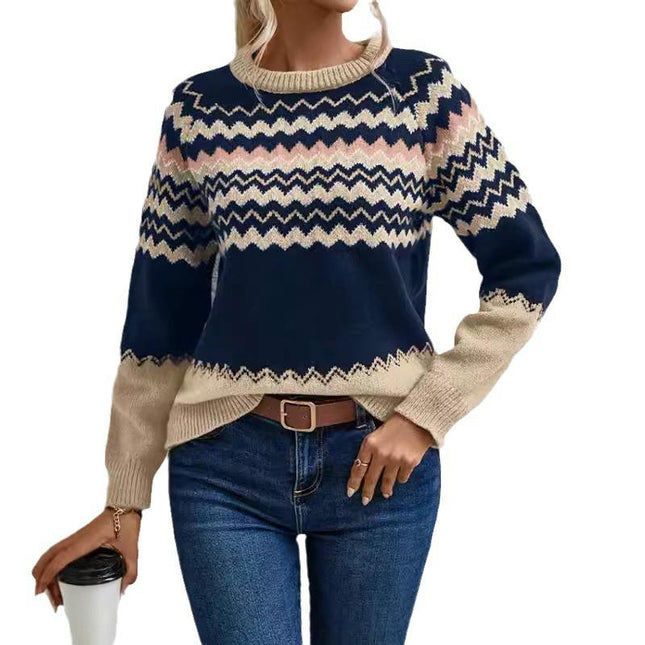 Women's Fair Isle Knit Sweaters Spring Fall Crew Neck Long Sleeve Casual Pullover Tops