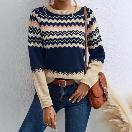Women's Fair Isle Knit Sweaters Spring Fall Crew Neck Long Sleeve Casual Pullover Tops