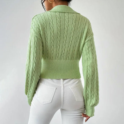 Long Sleeve Sweaters for Women Fall Cable Knit Polo V Neck Cropped Pullover Tops