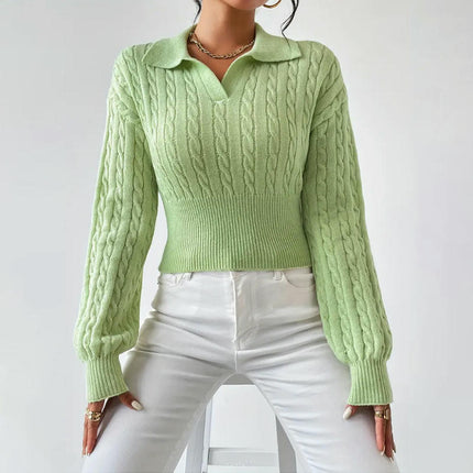 Long Sleeve Sweaters for Women Fall Cable Knit Polo V Neck Cropped Pullover Tops