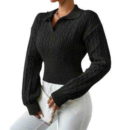 Long Sleeve Sweaters for Women Fall Cable Knit Polo V Neck Cropped Pullover Tops