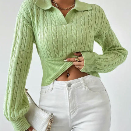 Long Sleeve Sweaters for Women Fall Cable Knit Polo V Neck Cropped Pullover Tops
