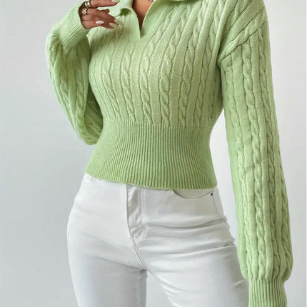 Long Sleeve Sweaters for Women Fall Cable Knit Polo V Neck Cropped Pullover Tops