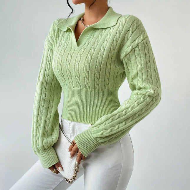 Long Sleeve Sweaters for Women Fall Cable Knit Polo V Neck Cropped Pullover Tops