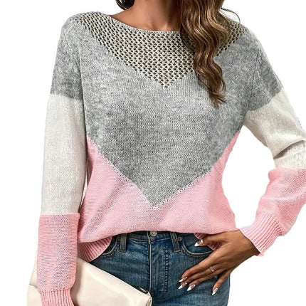Womens Long Sleeve Crewneck Color Block Hollow Knit Pullover Sweater Tops