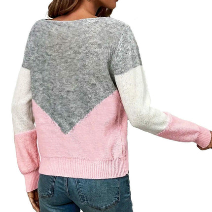 Womens Long Sleeve Crewneck Color Block Hollow Knit Pullover Sweater Tops